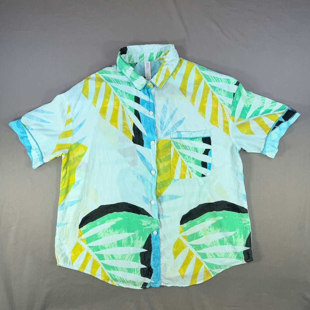 Stars Above‎ Simply Cool Pajama Top Womens L Blue Tropical Palm Leaf Sleepwear
